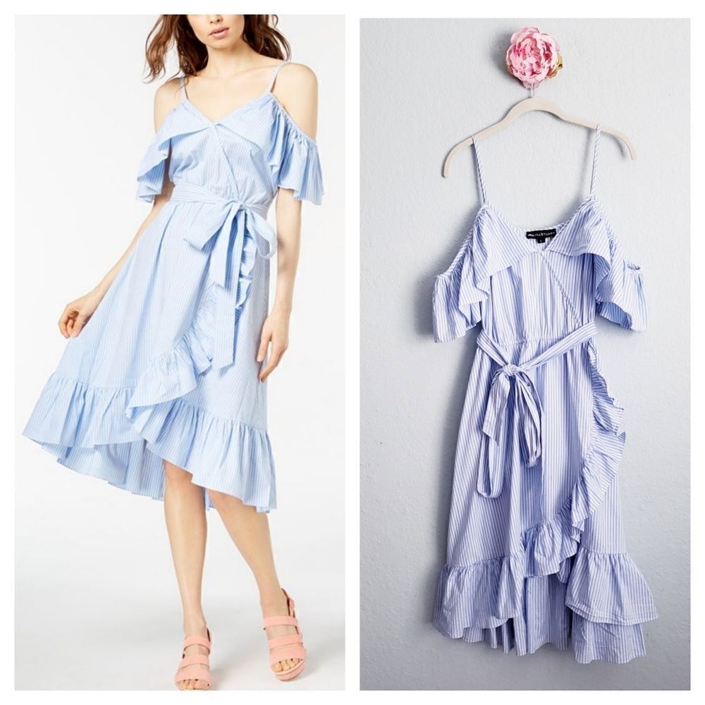 Jill Stuart Blue and White Striped Cold Shoulder Ruffle Trim Dress